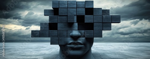 A surreal image of a face made of dark cubes, set against a stormy sky and ocean, symbolizing complexity and fragmented identity.