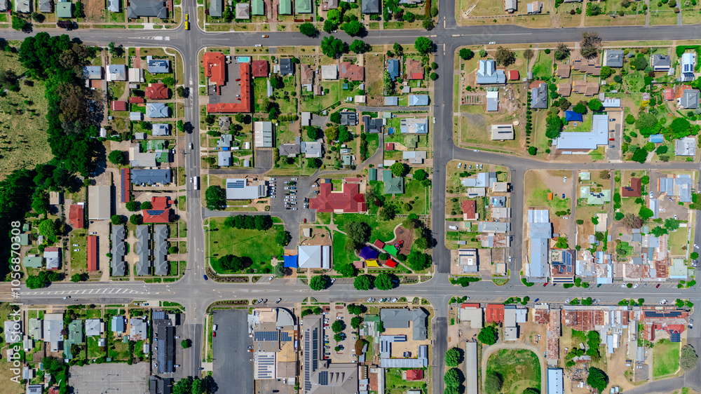 Fototapeta premium defaultPanoramic aerial drone view of NSW New South Wales Country town of Gundagai with Houses roads and parks mountains and farm land in between Sydney NSW and Melbourne VIC Australiadefault