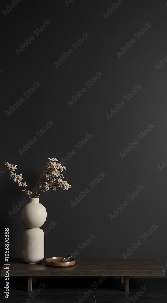 Minimalist vase with dried flowers and a fork on a wooden tray. Minimalist vase with dried flowers and a fork on a wooden tray.