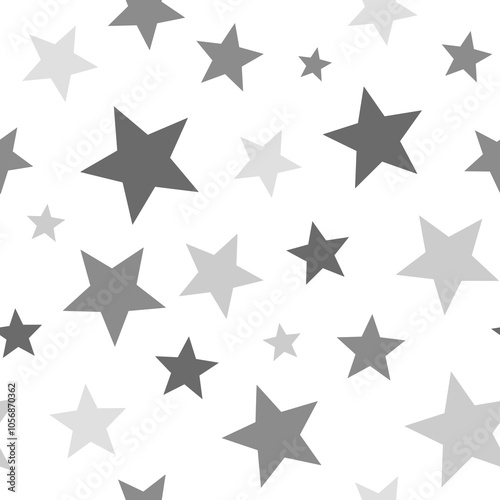 Black and white stars seamless pattern. Hand drawn gray gradient different size stars scattered on white background. Party monochrome glitter background. Starry confetti allover print