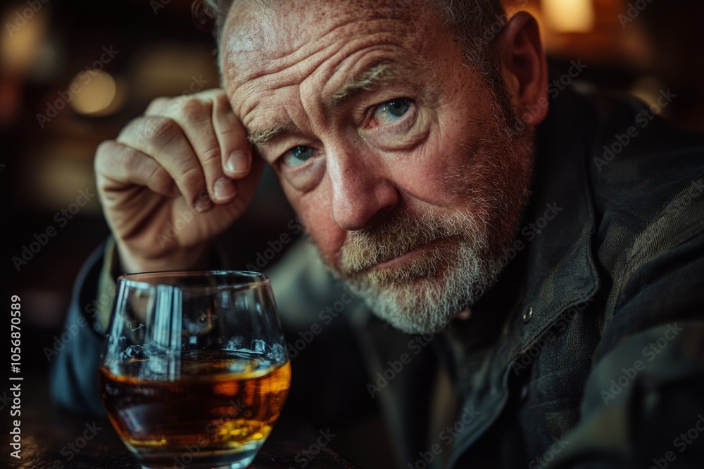 A thoughtful man gazes into the distance. He contemplates life while enjoying a glass of whiskey. The setting is warm and inviting. Generative AI A thoughtful man gazes into the distance. He contemplates life while enjoying a glass of whiskey. The setting is warm and inviting. Generative AI