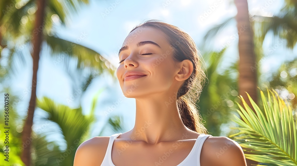 A woman with her eyes closed, smiling and standing in the sunlight of an outdoor setting surrounded by palm trees A woman with her eyes closed, smiling and standing in the sunlight of an outdoor setting surrounded by palm trees