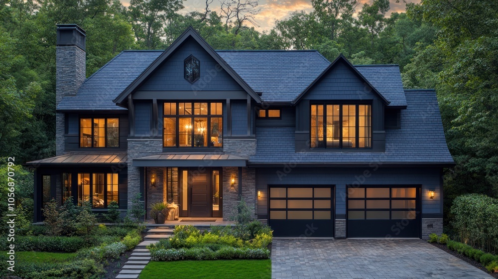 Modern home with large windows and stone accents in a wooded setting. Modern home with large windows and stone accents in a wooded setting.