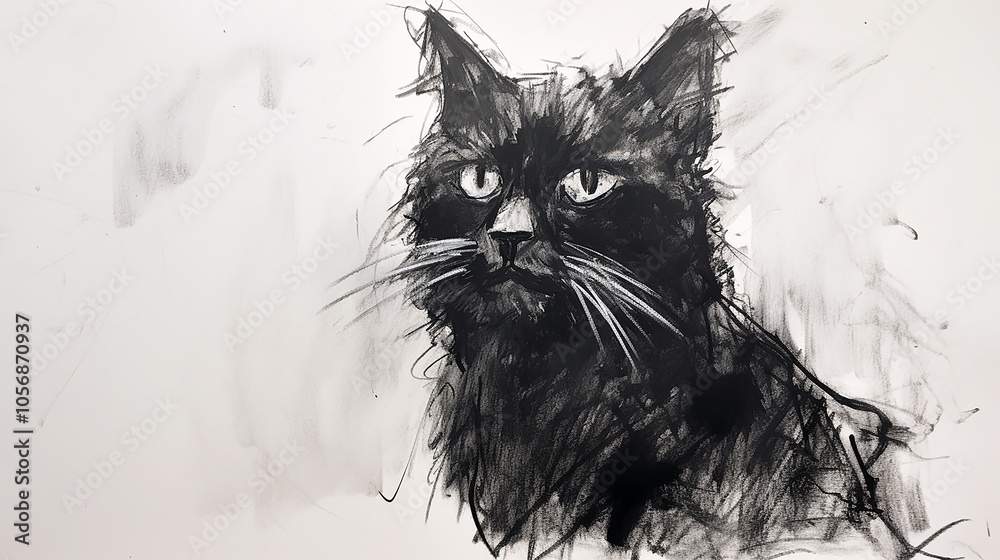 black and white closeup pencil sketch drawing of a cat in white background black and white closeup pencil sketch drawing of a cat in white background