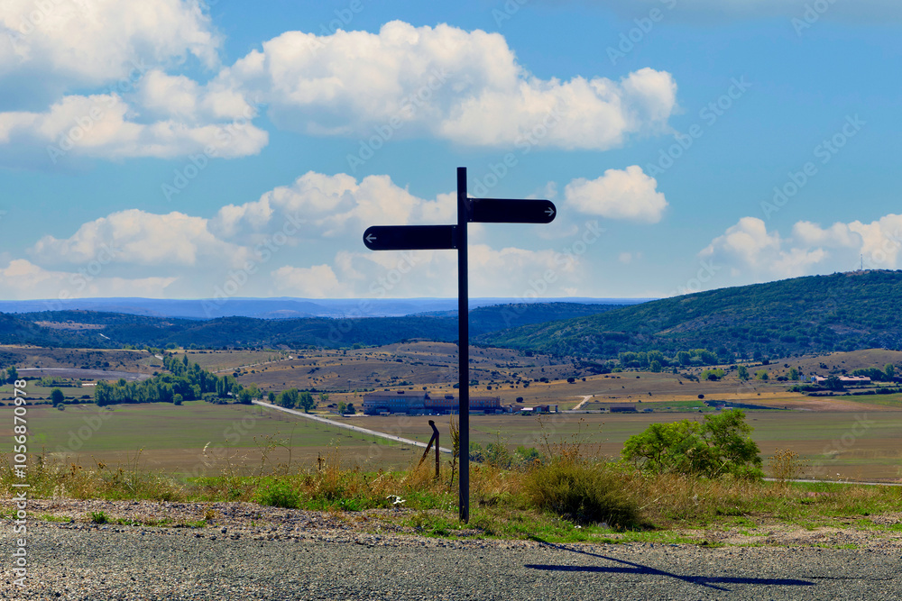 A blank signpost is standing in a field with a cloudy sky in the background A blank signpost is standing in a field with a cloudy sky in the background