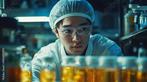 A Scientist in a Lab Coat Examining Liquid Samples in Glass Tubes