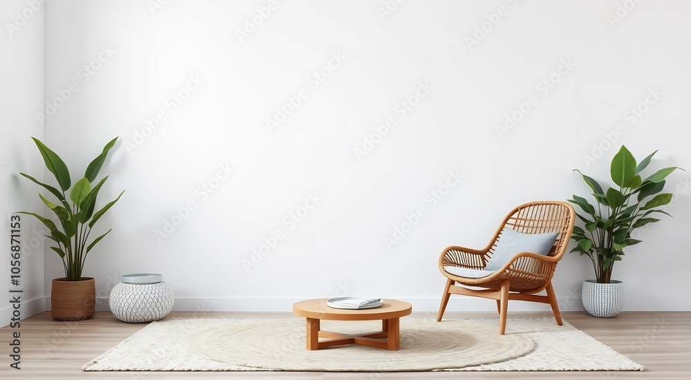 A cozy living room with a wicker chair, a coffee table and two potted plants on a cream rug. A cozy living room with a wicker chair, a coffee table and two potted plants on a cream rug.