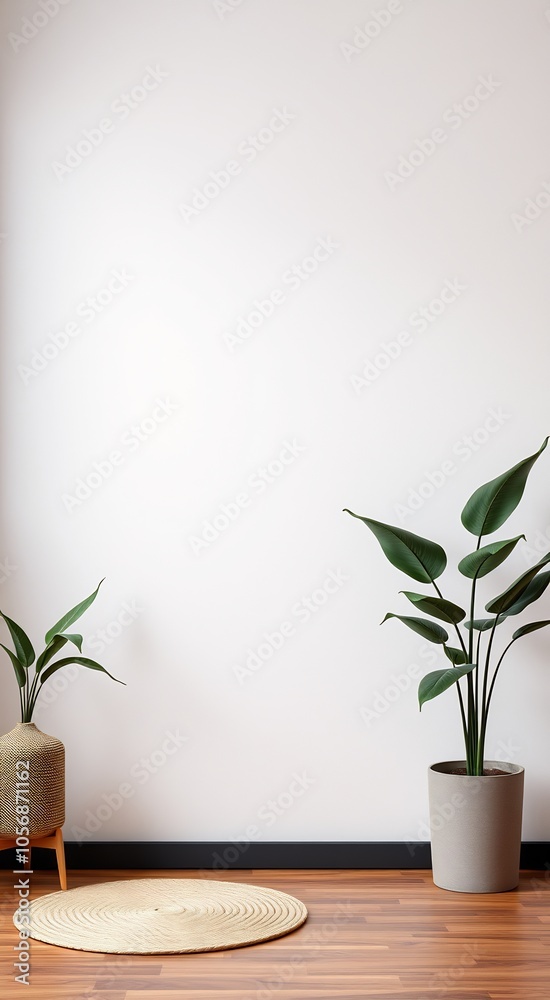 Minimalist interior design with plants and a rug on wooden floor. Minimalist interior design with plants and a rug on wooden floor.