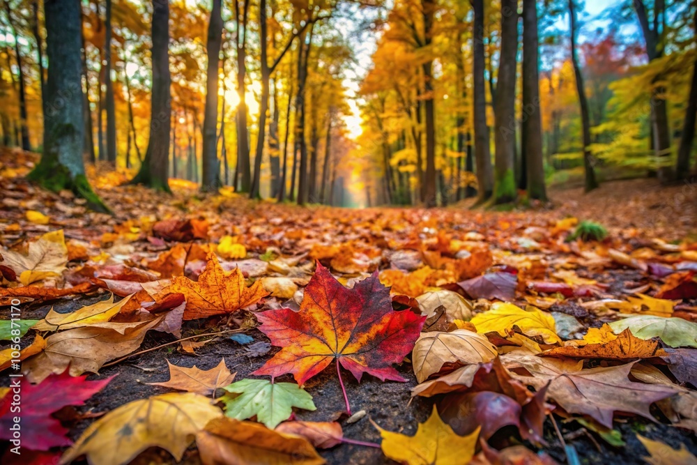 Colorful leaves scattered on the ground in a forest clearing, forest floor, outdoor scene, woodsy atmosphere Colorful leaves scattered on the ground in a forest clearing, forest floor, outdoor scene, woodsy atmosphere