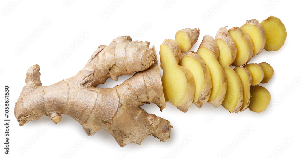 Ginger root sliced into pieces on white. Top view Ginger root sliced into pieces on white. Top view