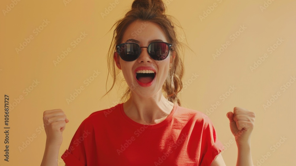 A woman wearing trendy sunglasses and a red shirt, perfect for casual photography or as a background element A woman wearing trendy sunglasses and a red shirt, perfect for casual photography or as a background element