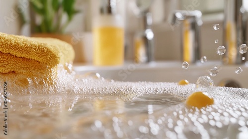 A Yellow Towel Soaking in a Sink Full of Sudsy Water photo