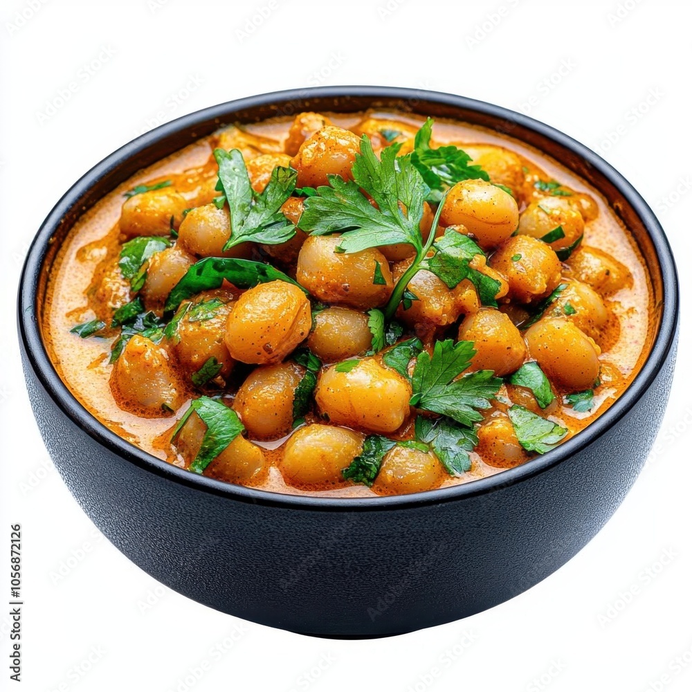 A photostock of chana masala in a bowl on a white background, flavorful and spicy.