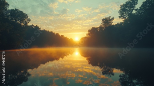 Golden Sunrise Reflection on Calm Lake with Misty Trees