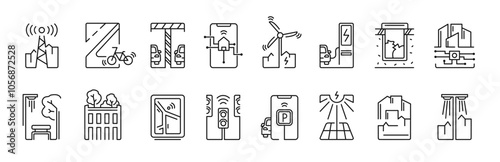 Smart city icon set. Digital urban, infrastructure, green energy, electric transport line icons. Vector illustration