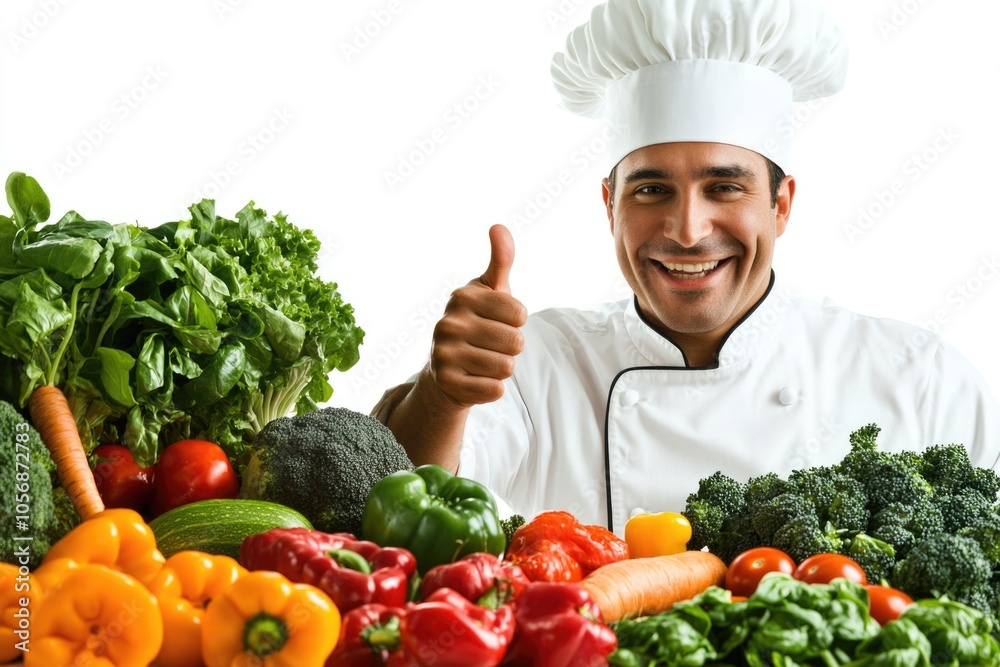 A cheerful chef gives a thumbs up in a kitchen setting, conveying satisfaction and approval A cheerful chef gives a thumbs up in a kitchen setting, conveying satisfaction and approval