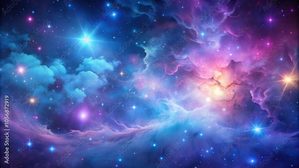 Cosmic nebula background with glowing purple gas clouds and stars in shades of blue and pink, astronomy, space, glow Cosmic nebula background with glowing purple gas clouds and stars in shades of blue and pink, astronomy, space, glow