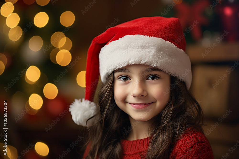 AI generated image of charming girl wear red santa claus hat christmas tree bokeh lights dark background AI generated image of charming girl wear red santa claus hat christmas tree bokeh lights dark background