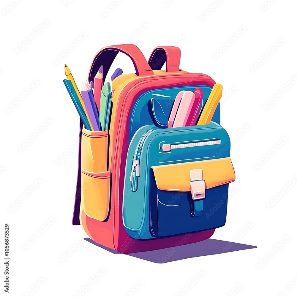 Cartoon backpack filled with school supplies on a white background. Cartoon backpack filled with school supplies on a white background.