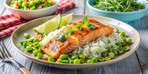 Fried salmon salad with rice, edamame and guacamole on a plate , seafood, healthy, diet, fresh, gourmet, delicious, colorful