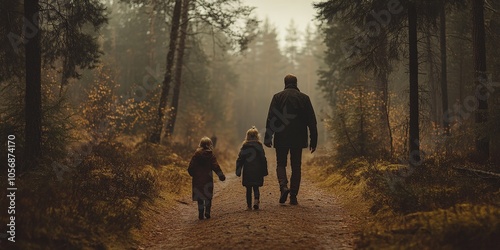 Father and sons walking through a forest on an outdoor hiking trip