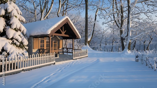 A Snow-Covered Cabin in a Snowy Forest