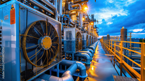High tech power plant with advanced cooling towers and industrial equipment, showcasing intricate piping and machinery under dramatic sky