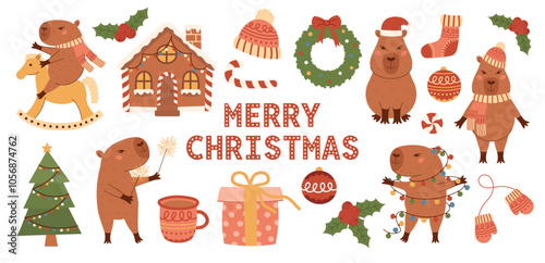 Christmas capybara and winter new year elements collection. Animals with tree, garland, sparklers. Wreath, gift box, sock, hat, holly branch vector set for scrapbooking, social media, animation.