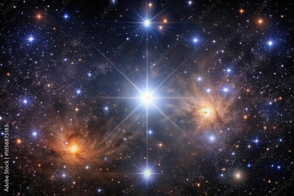 Dark nebula with bright star cluster in the foreground, celestial objects, dark matter Dark nebula with bright star cluster in the foreground, celestial objects, dark matter