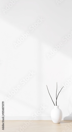 Minimalist interior with a white vase and twigs.