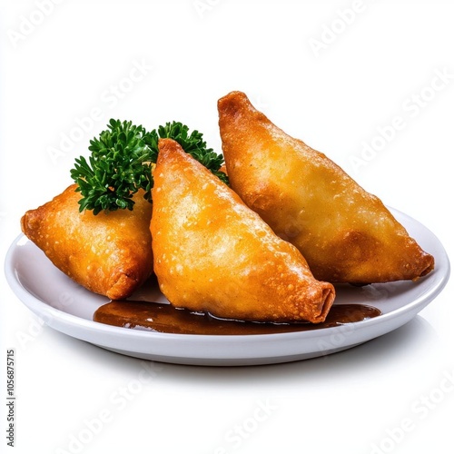 A photostock of crispy fried samosas on a white plate, savory and crunchy.