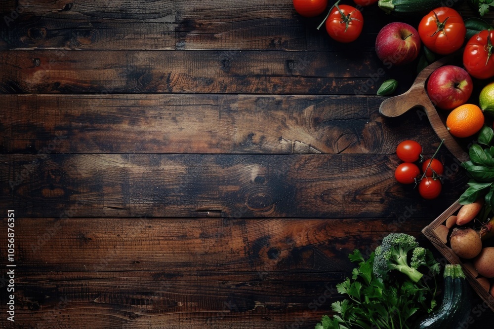 A colorful arrangement of fresh fruits and vegetables on a wooden table, great for healthy eating or decoration A colorful arrangement of fresh fruits and vegetables on a wooden table, great for healthy eating or decoration