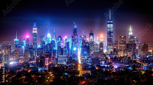 Wallpaper Mural vibrant city skyline at night, showcasing illuminated skyscrapers and bustling urban atmosphere. colorful lights create stunning visual effect, highlighting architectural beauty of buildings Torontodigital.ca