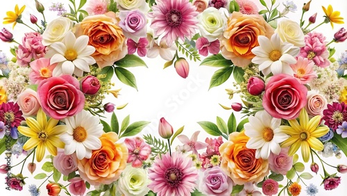 Delicate floral pattern featuring a variety of colorful flowers including roses, lilies, and daisies arranged in a symmetrical design on a white background, floral, botanical, intricate, blooming