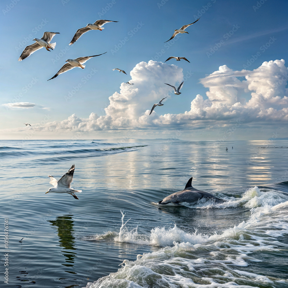 Naklejka premium seagulls, dolphins, sea, calm,