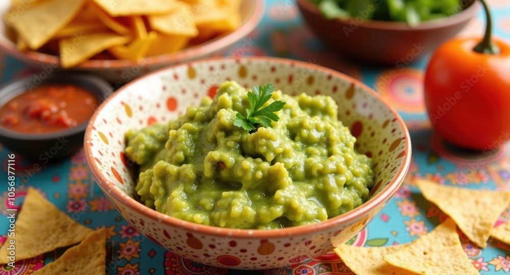 A bowl of guacamole with tortilla chips and salsa A bowl of guacamole with tortilla chips and salsa