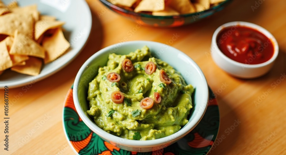 A bowl of guacamole with tortilla chips and salsa