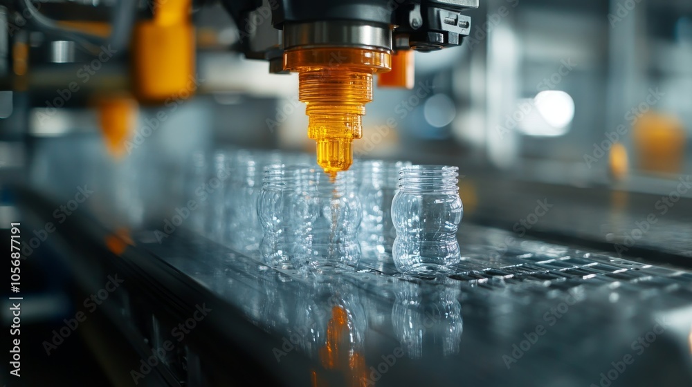 Automated Filling Machine Pouring Liquid Into Glass Jars on Conveyor Belt Automated Filling Machine Pouring Liquid Into Glass Jars on Conveyor Belt