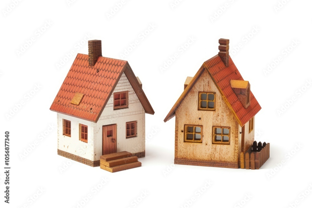 Two small wooden houses sit side by side in a peaceful environment Two small wooden houses sit side by side in a peaceful environment