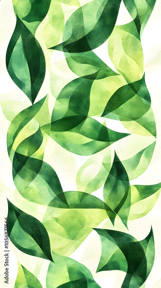 Fototapeta premium Abstract seamless pattern with green and blue leaves, green watercolor background, vector illustration, flat design, geometric