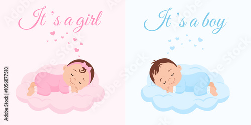 Cute baby girl and baby boy sleeping on a clouds.Gender reveal, baby shower,baby announcement. It's a boy. It's a girl.Vector Illustration