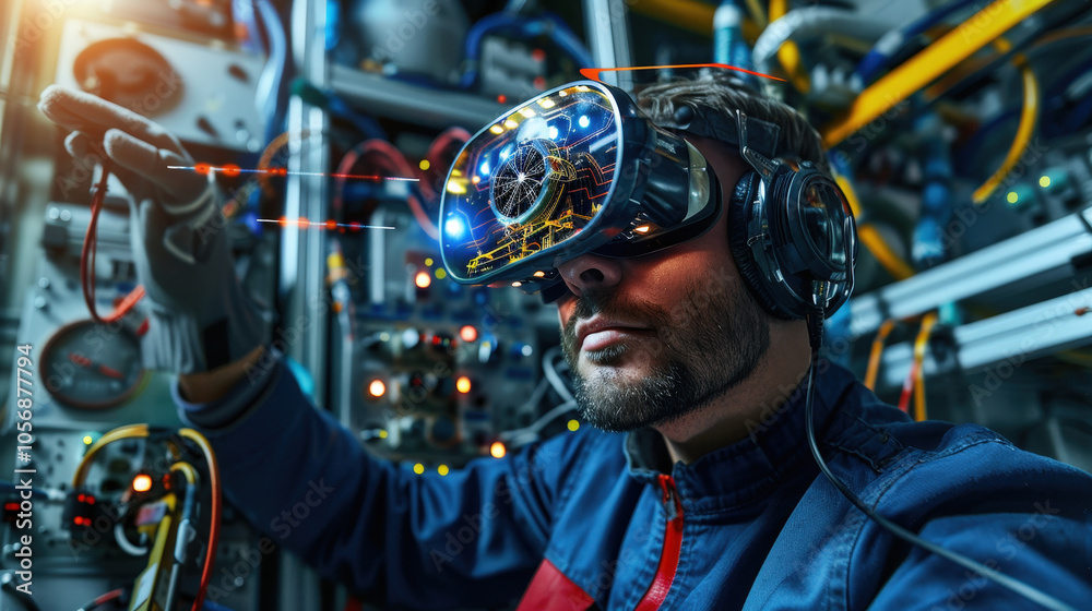Immersed in virtual environment, power engineer uses advanced virtual reality glasses to interact with complex systems, showcasing innovation and technology in engineering Immersed in virtual environment, power engineer uses advanced virtual reality glasses to interact with complex systems, showcasing innovation and technology in engineering