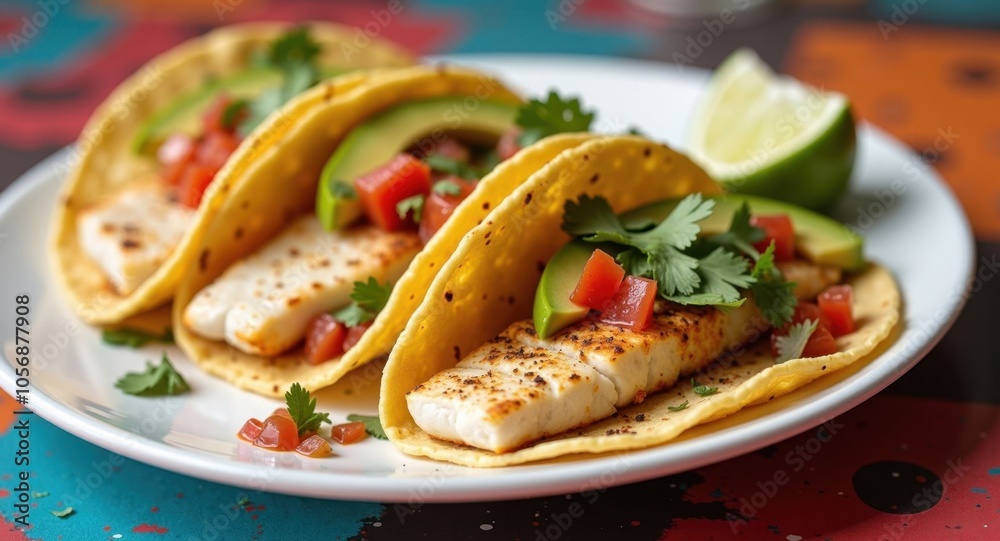 A plate of fish tacos with fresh lime, avocado A plate of fish tacos with fresh lime, avocado