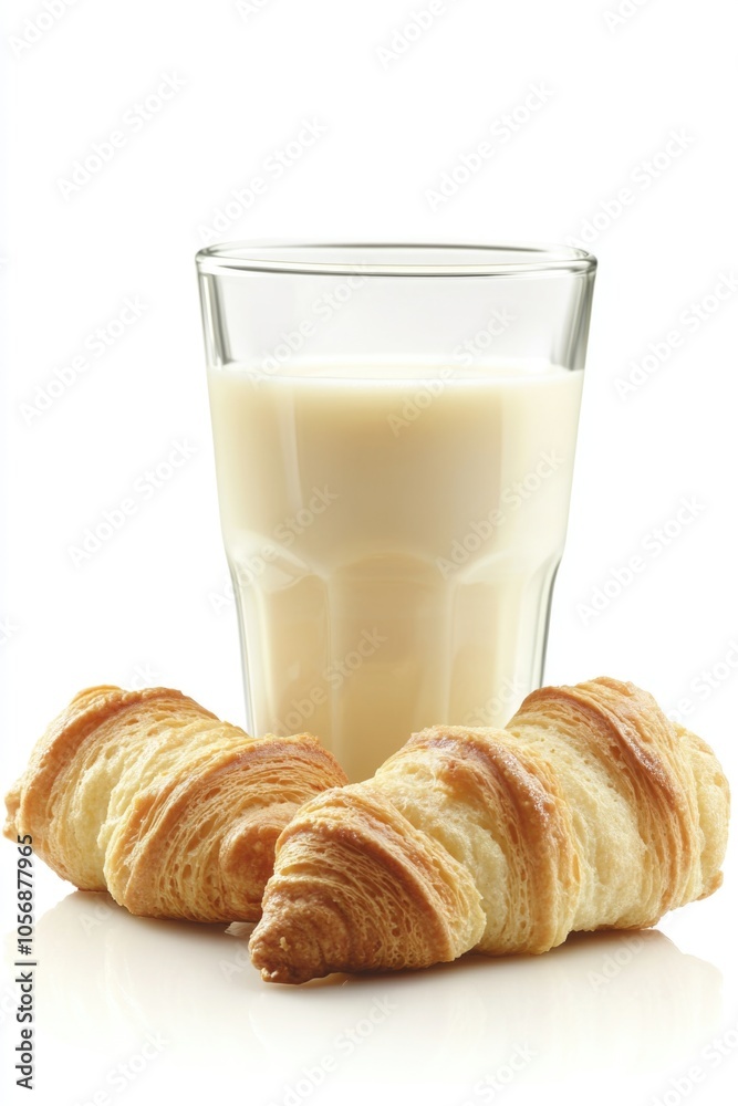 A pair of croissants and a glass of milk on a table A pair of croissants and a glass of milk on a table