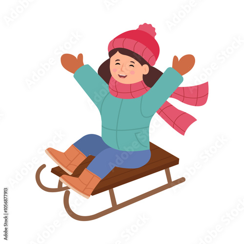 Happy girl sledding in the snow. Winter outdoor activity. Vector Illustration isolated on a white background.