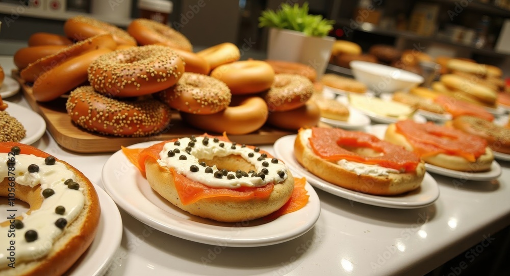 A selection of fresh bagels with cream cheese, lox, and capers A selection of fresh bagels with cream cheese, lox, and capers