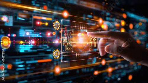 futuristic digital interface with glowing screens and interactive elements is depicted, showcasing advanced technology and user interaction. image conveys sense of innovation and connectivity