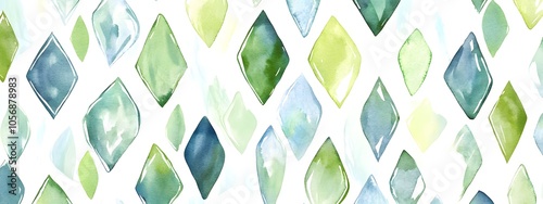 Abstract seamless pattern with green and blue leaves, green watercolor background, vector illustration, flat design, geometric