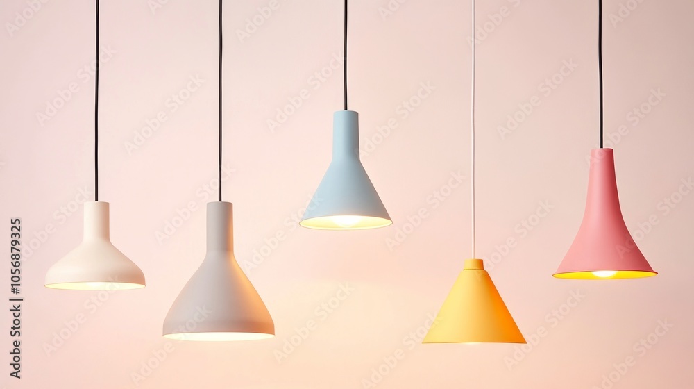 A set of plastic pendant lamps in a muted palette, softly lit against a simple, light-colored background; minimal and balanced. A set of plastic pendant lamps in a muted palette, softly lit against a simple, light-colored background; minimal and balanced.
