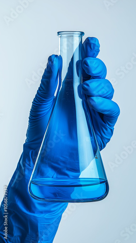 Laboratory gloved hand holding an erlenmeyer flask with blue liquid against a white background. photo